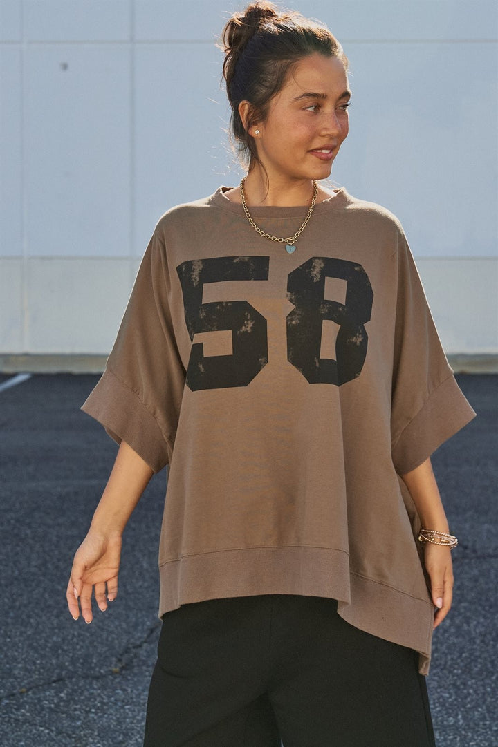 Oversized '58' Varsity Graphic Cotton Tee in Brown - Women's Wholesale Fashion | Trend Notes