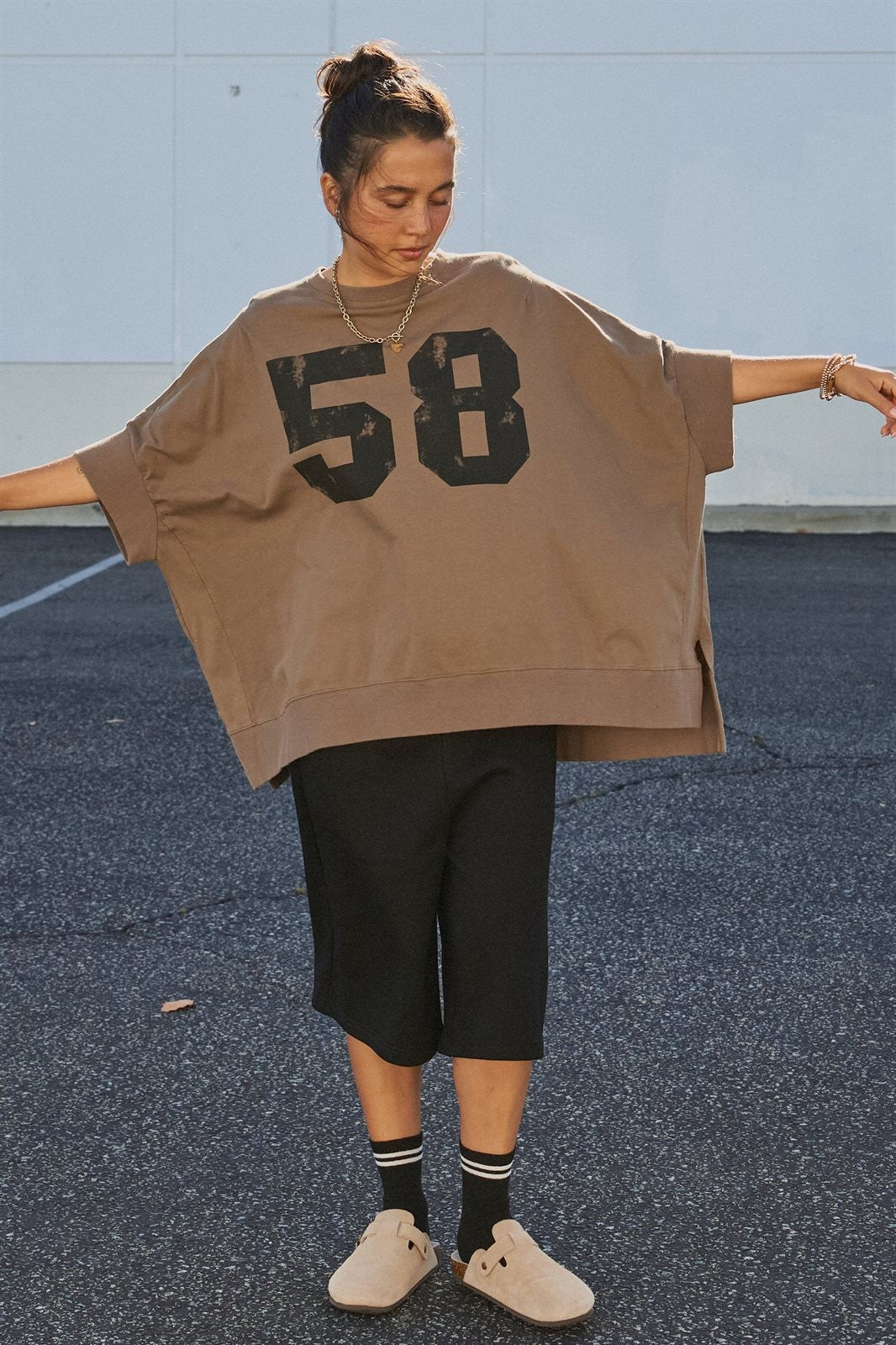 Oversized '58' Varsity Graphic Cotton Tee in Brown - Women's Wholesale Fashion | Trend Notes