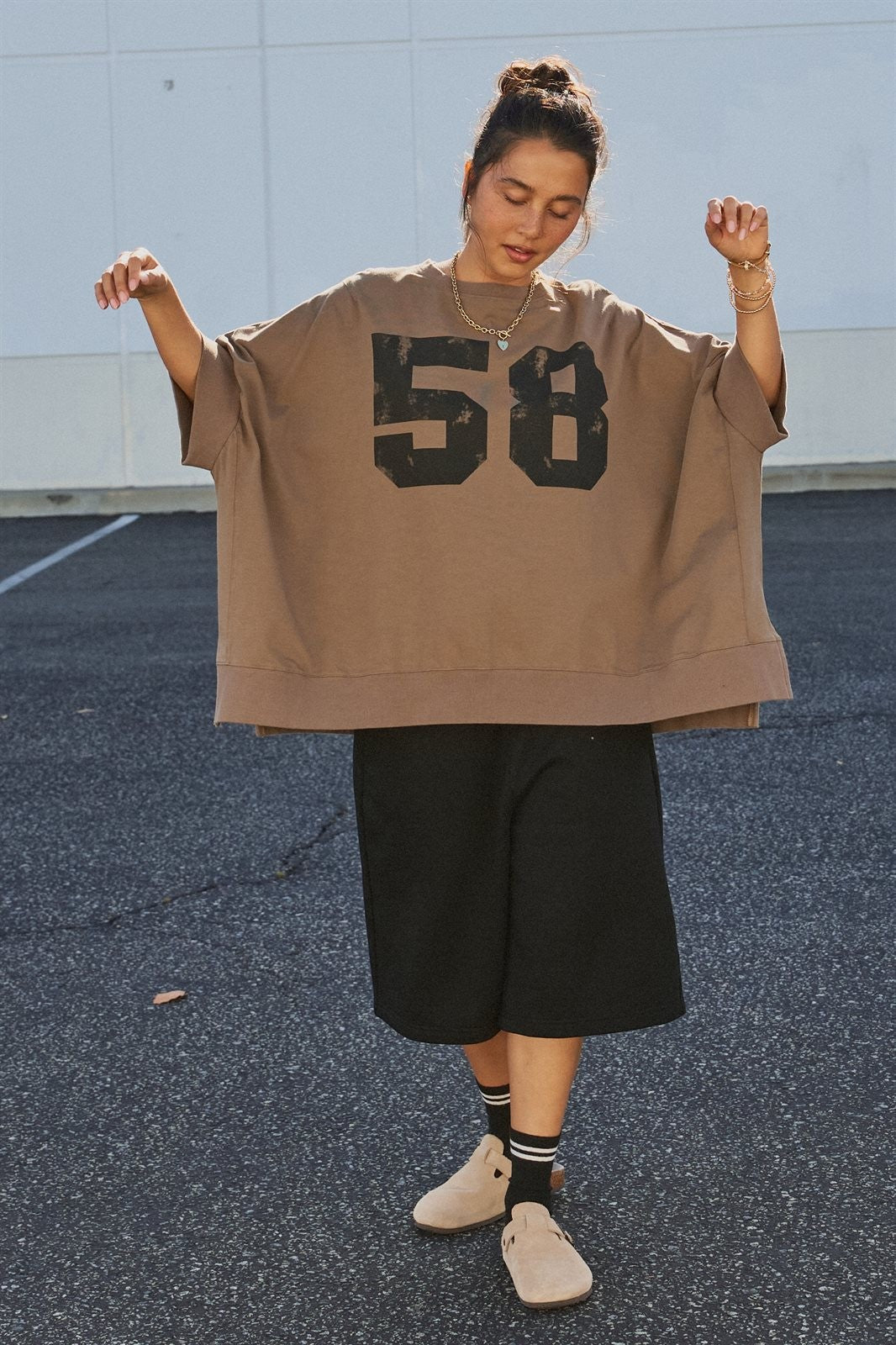 Oversized '58' Varsity Graphic Cotton Tee in Brown - Women's Wholesale Fashion | Trend Notes