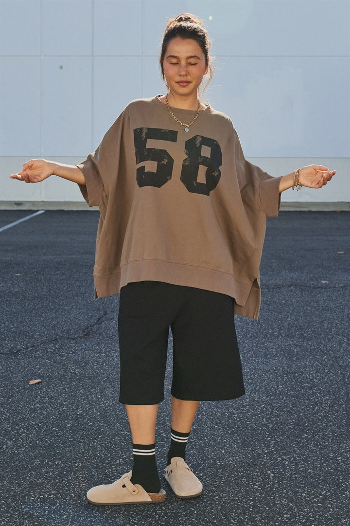 Oversized '58' Varsity Graphic Cotton Tee in Brown - Women's Wholesale Fashion | Trend Notes