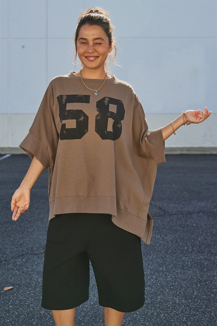 Oversized '58' Varsity Graphic Cotton Tee in Brown - Women's Wholesale Fashion | Trend Notes