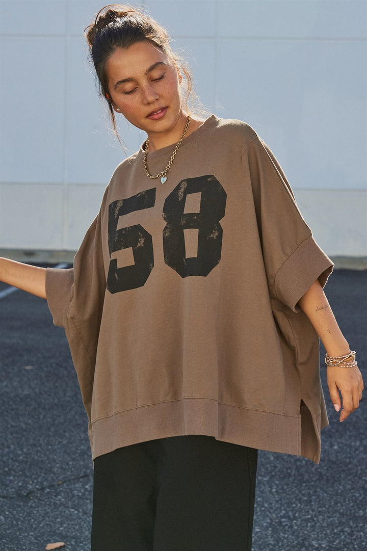 Oversized '58' Varsity Graphic Cotton Tee in Brown - Women's Wholesale Fashion | Trend Notes