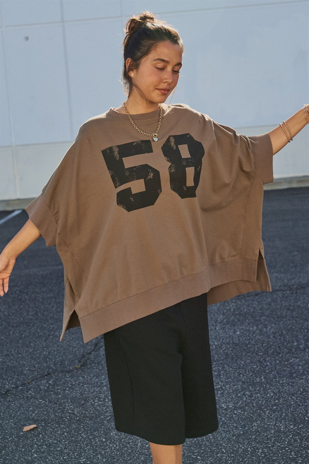 Oversized '58' Varsity Graphic Cotton Tee in Brown - Women's Wholesale Fashion | Trend Notes