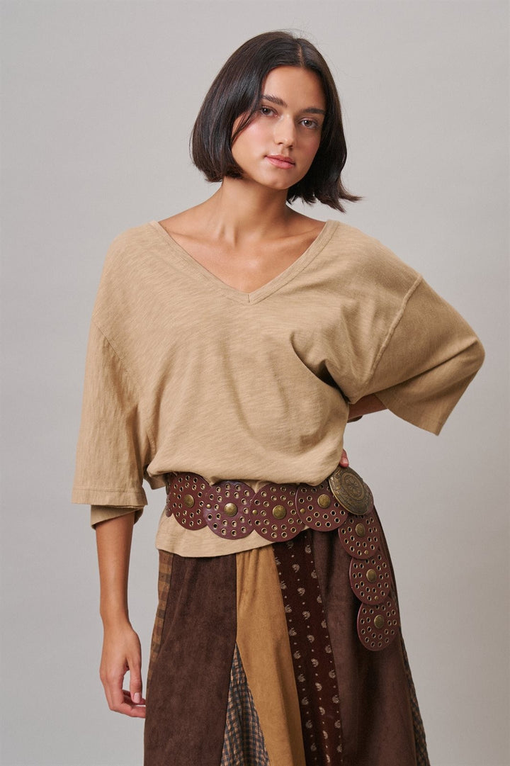 Sun Faded Slub V Neck Tee in Taupe	 - Women's Wholesale T-Shirts & Polos | Trend Notes