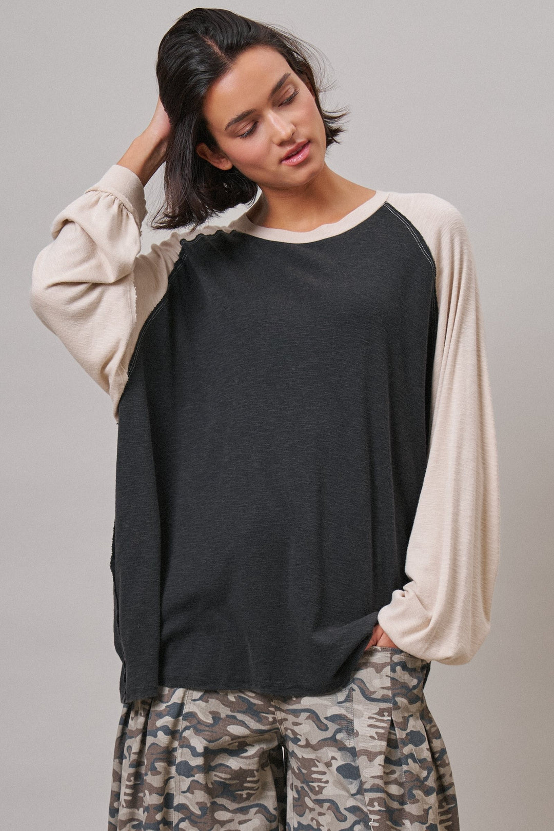 Off Duty Colorblock Raglan Tee in Charcoal - Women's Wholesale T-Shirts & Polos | Trend Notes