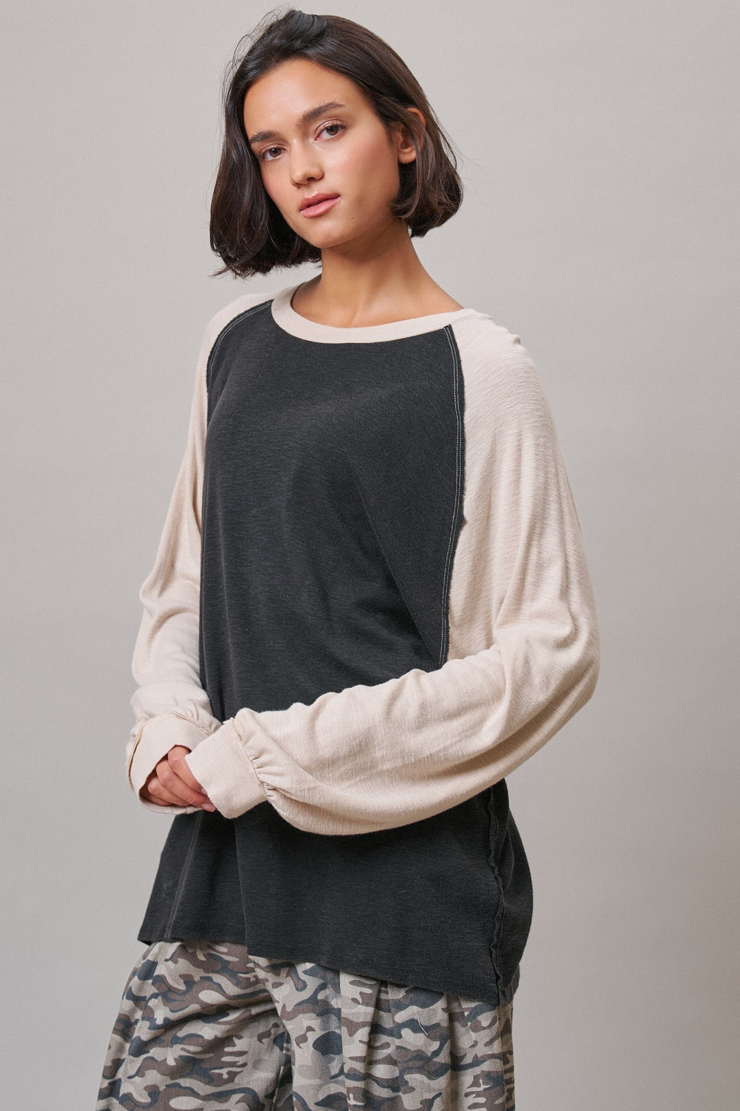 Off Duty Colorblock Raglan Tee in Charcoal - Women's Wholesale T-Shirts & Polos | Trend Notes
