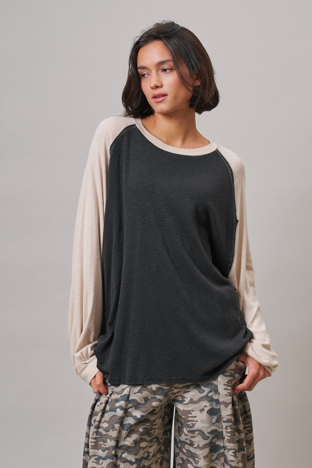 Off Duty Colorblock Raglan Tee in Charcoal - Women's Wholesale T-Shirts & Polos | Trend Notes