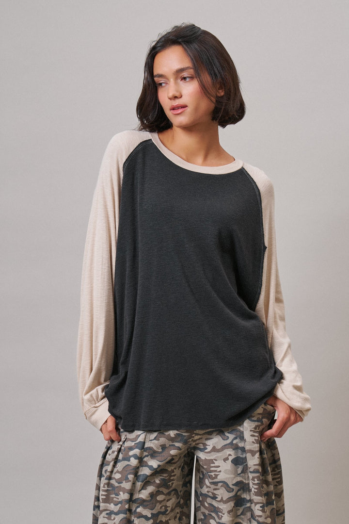 Off Duty Colorblock Raglan Tee in Charcoal - Women's Wholesale T-Shirts & Polos | Trend Notes