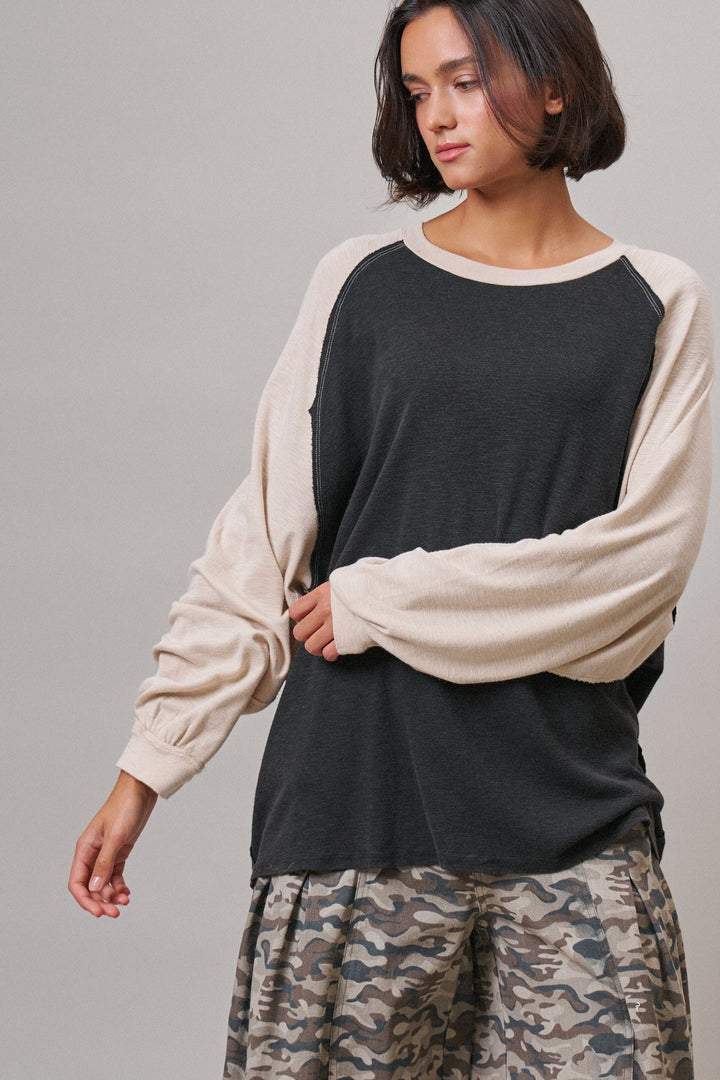 Off Duty Colorblock Raglan Tee in Charcoal - Women's Wholesale T-Shirts & Polos | Trend Notes