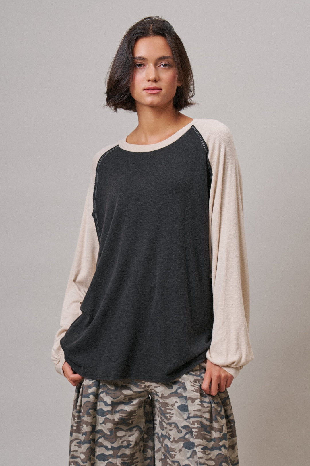 Off Duty Colorblock Raglan Tee in Charcoal - Women's Wholesale T-Shirts & Polos | Trend Notes