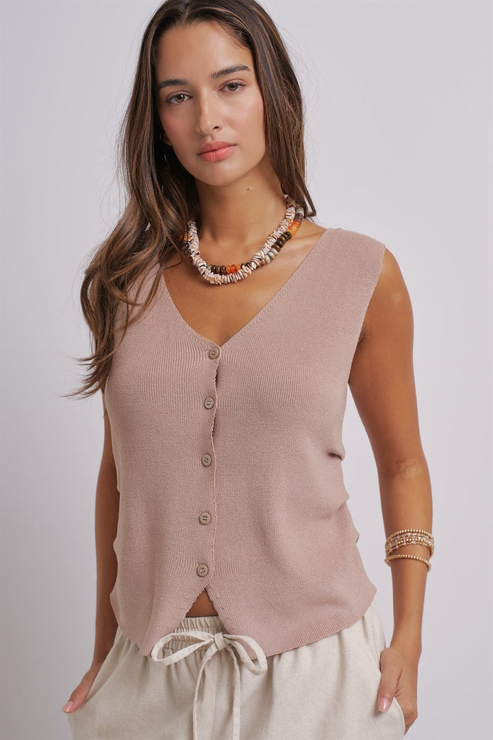 Sleeveless V-Neck Button-Front Knit Vest Top in Khaki - Women's Wholesale Fashion | Trend Notes