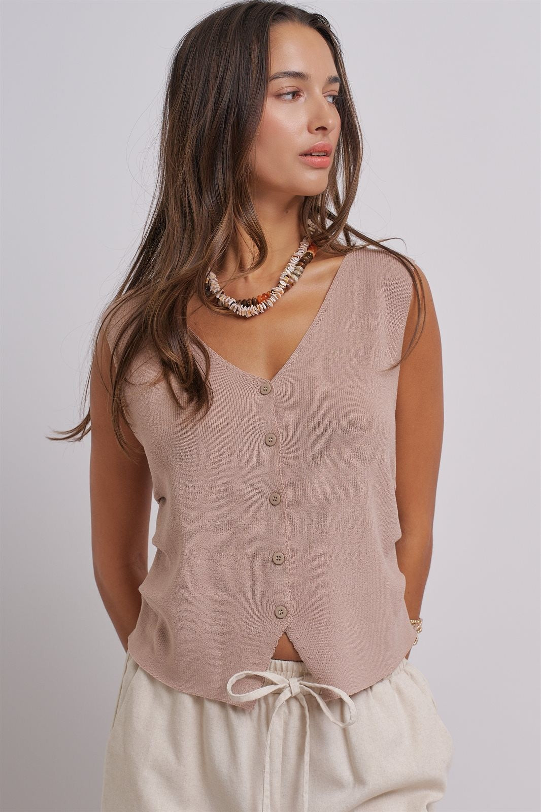Sleeveless V-Neck Button-Front Knit Vest Top in Khaki - Women's Wholesale Fashion | Trend Notes
