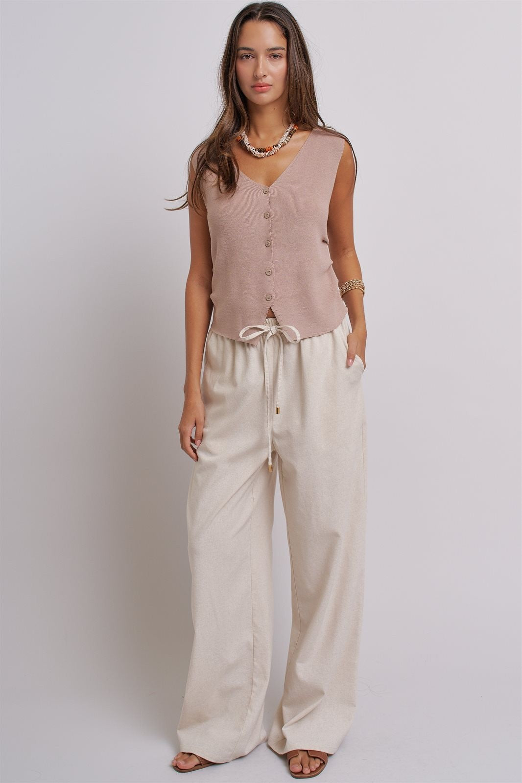 Sleeveless V-Neck Button-Front Knit Vest Top in Khaki - Women's Wholesale Fashion | Trend Notes