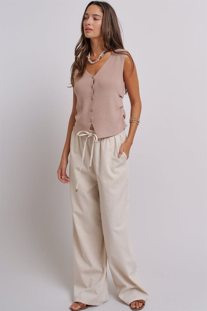 Sleeveless V-Neck Button-Front Knit Vest Top in Khaki - Women's Wholesale Fashion | Trend Notes