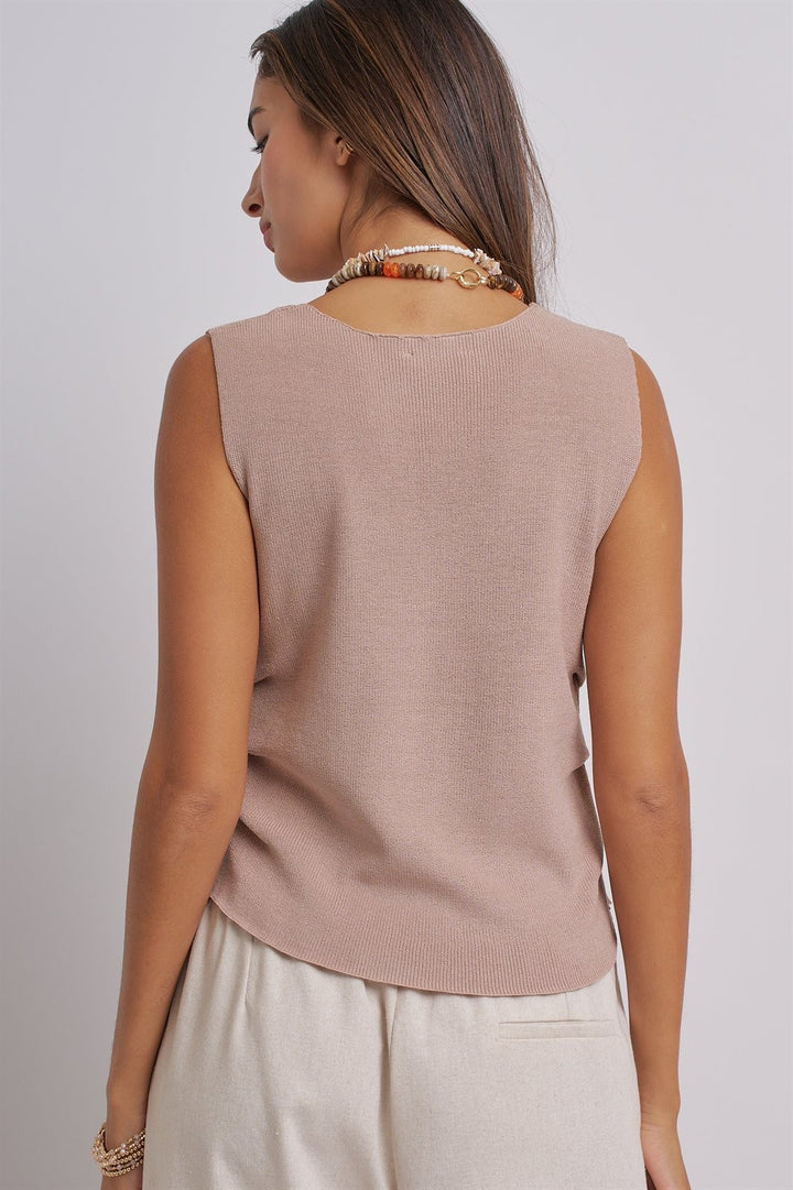 Sleeveless V-Neck Button-Front Knit Vest Top in Khaki - Women's Wholesale Fashion | Trend Notes