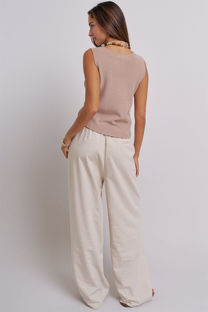 Sleeveless V-Neck Button-Front Knit Vest Top in Khaki - Women's Wholesale Fashion | Trend Notes