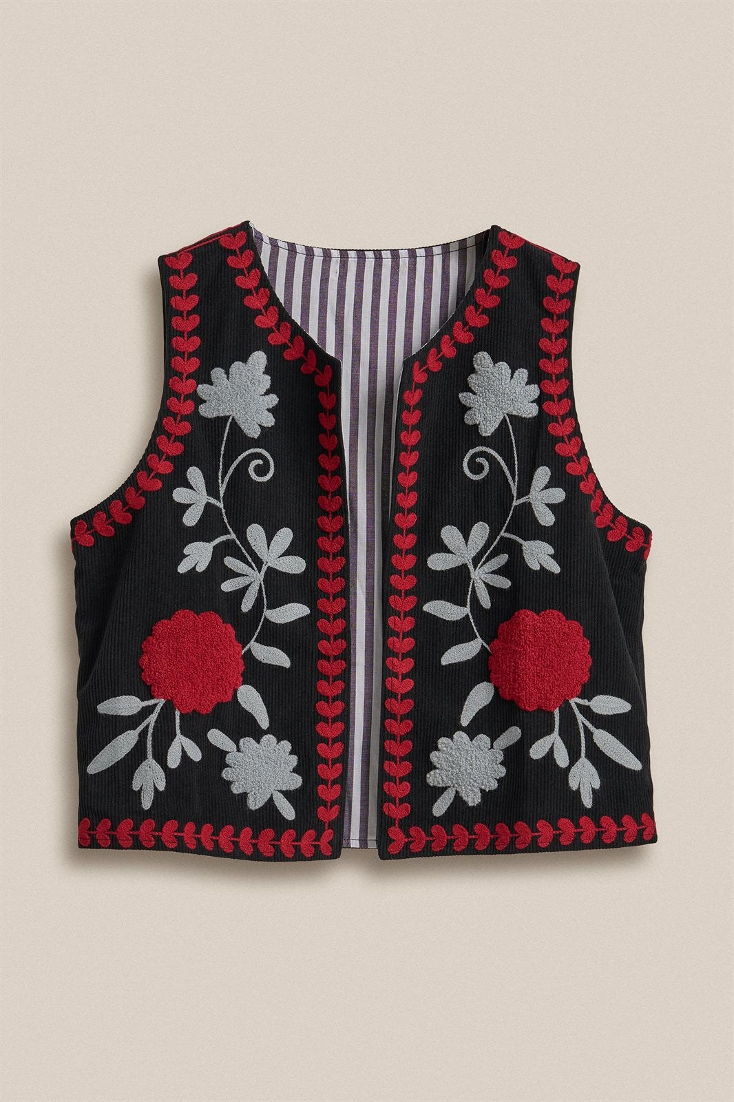 Floral Embroidered Corduroy Vest with Heart Vine Trim in Black - Women's Wholesale Vests | Trend Notes