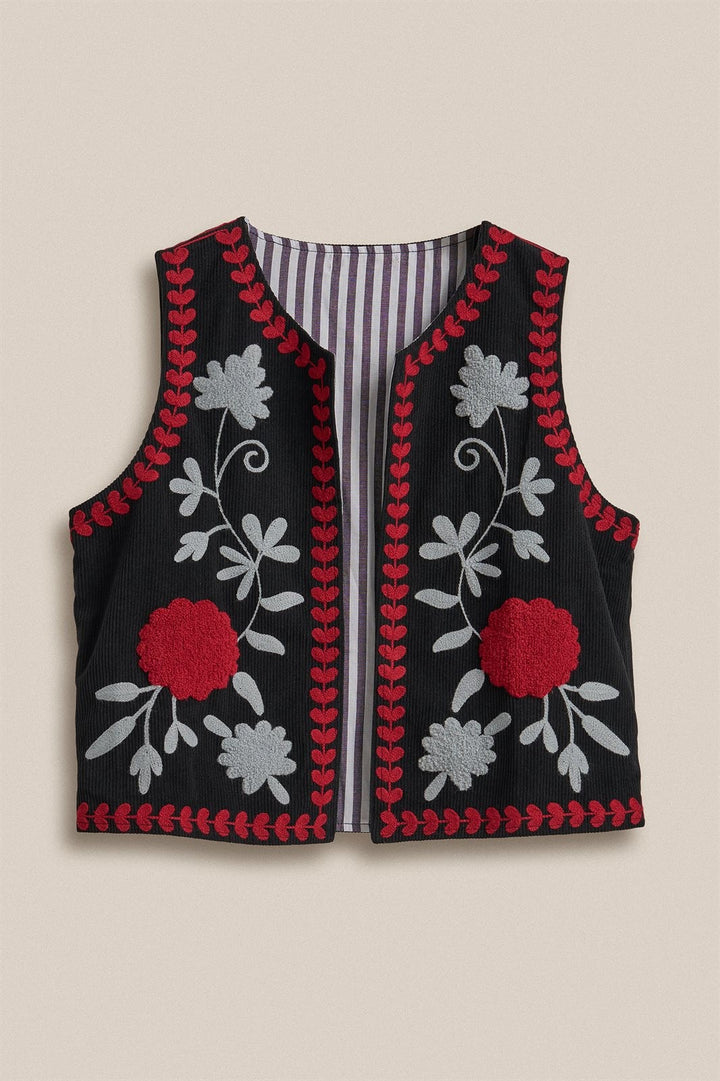 Floral Embroidered Corduroy Vest with Heart Vine Trim in Black - Women's Wholesale Vests | Trend Notes
