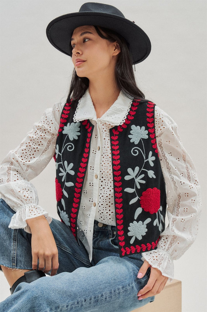 Floral Embroidered Corduroy Vest with Heart Vine Trim in Black - Women's Wholesale Vests | Trend Notes