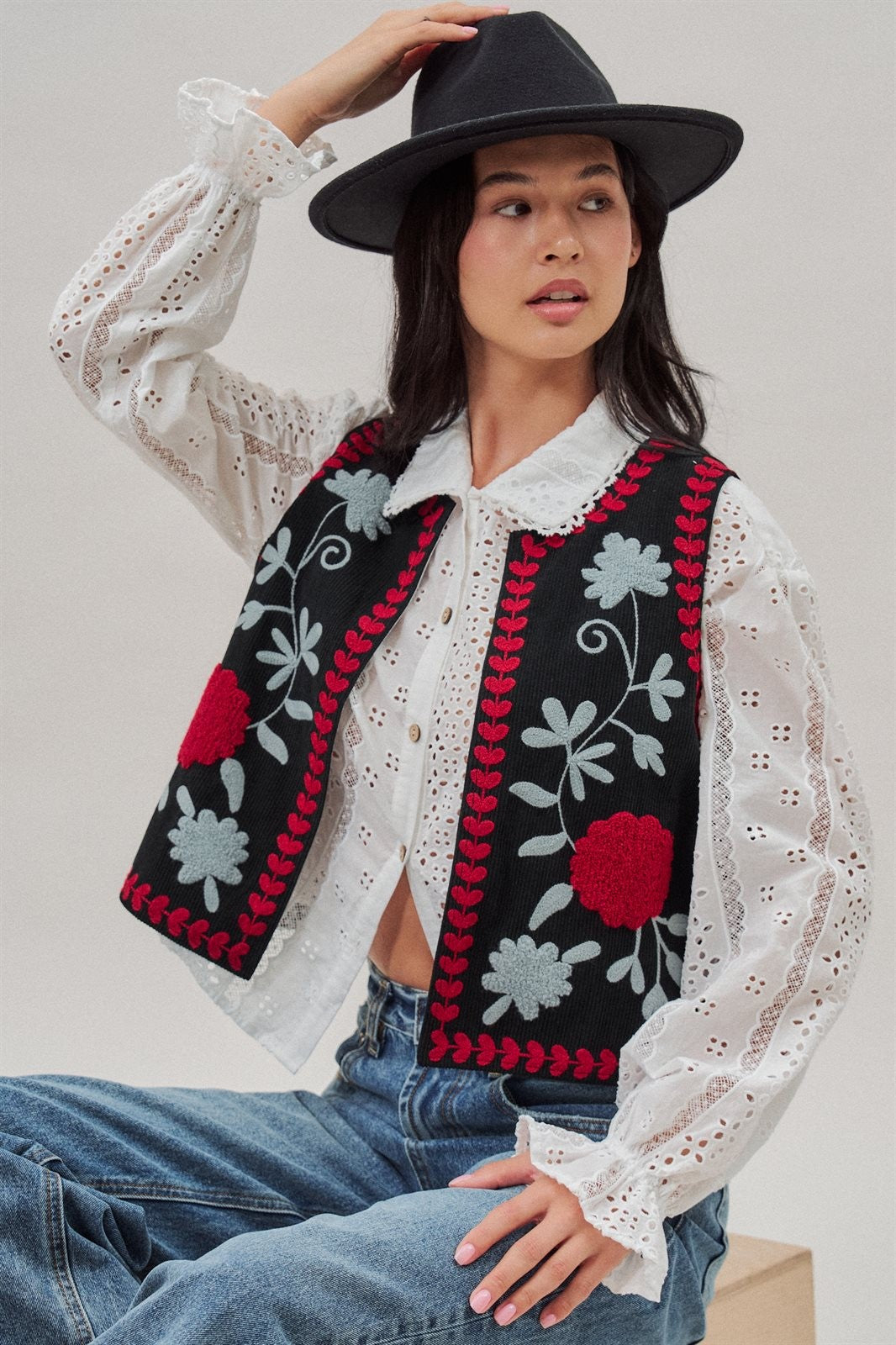 Floral Embroidered Corduroy Vest with Heart Vine Trim in Black - Women's Wholesale Vests | Trend Notes