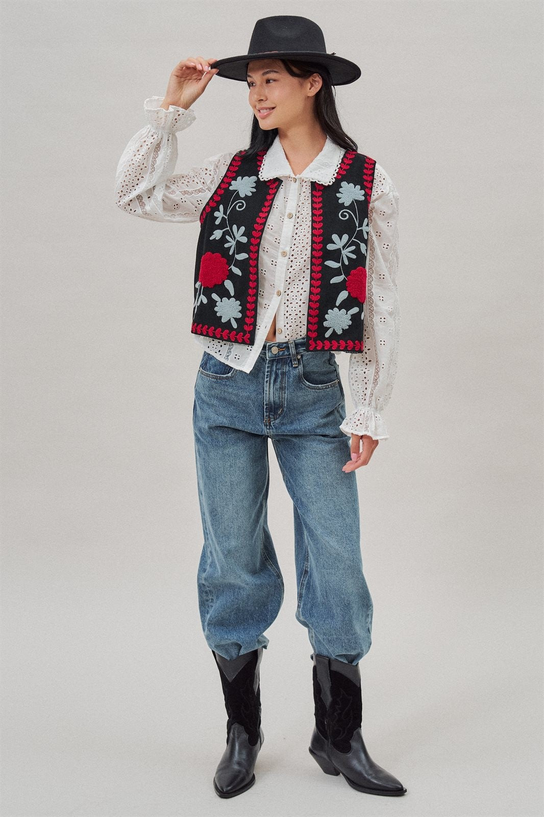 Floral Embroidered Corduroy Vest with Heart Vine Trim in Black - Women's Wholesale Vests | Trend Notes