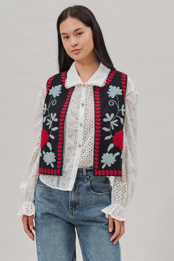 Floral Embroidered Corduroy Vest with Heart Vine Trim in Black - Women's Wholesale Vests | Trend Notes