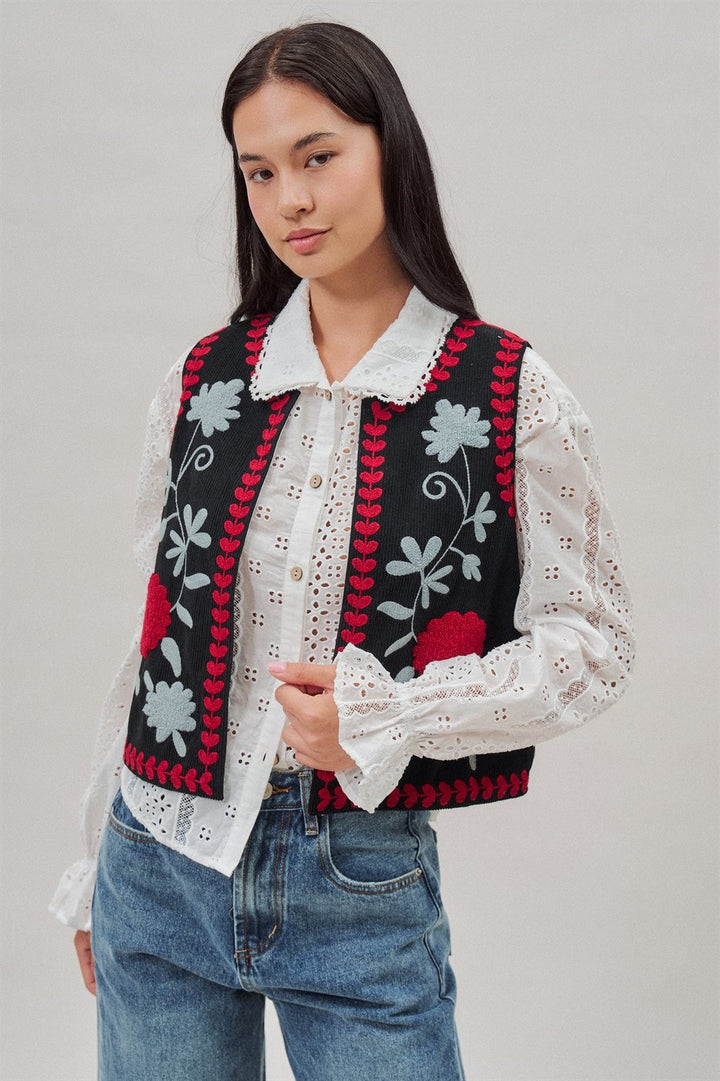 Floral Embroidered Corduroy Vest with Heart Vine Trim in Black - Women's Wholesale Vests | Trend Notes
