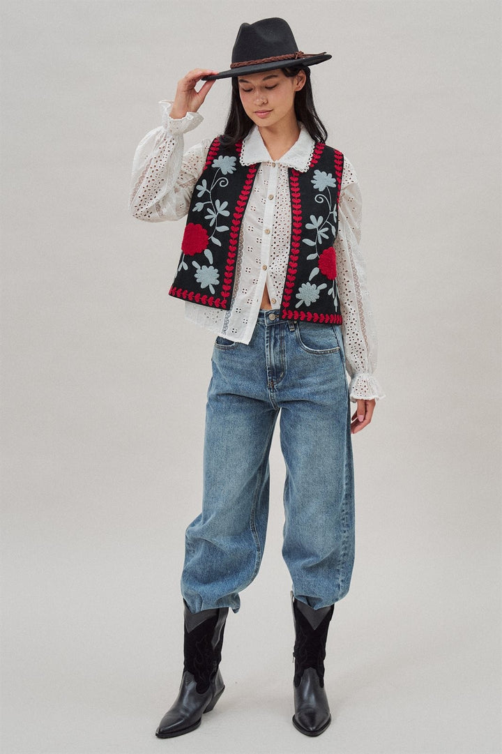 Floral Embroidered Corduroy Vest with Heart Vine Trim in Black - Women's Wholesale Vests | Trend Notes