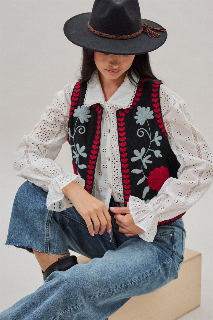 Floral Embroidered Corduroy Vest with Heart Vine Trim in Black - Women's Wholesale Vests | Trend Notes