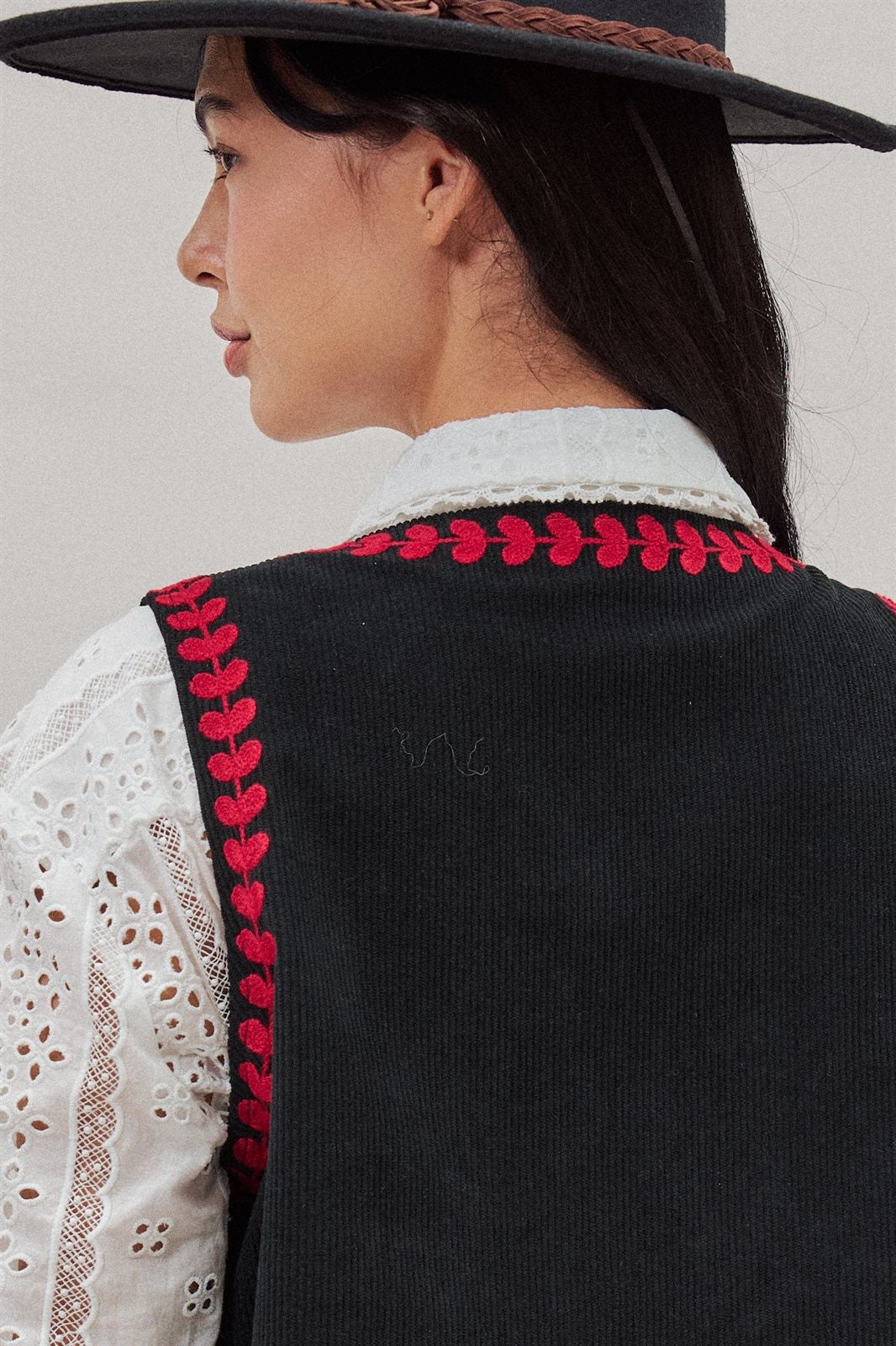 Floral Embroidered Corduroy Vest with Heart Vine Trim in Black - Women's Wholesale Vests | Trend Notes