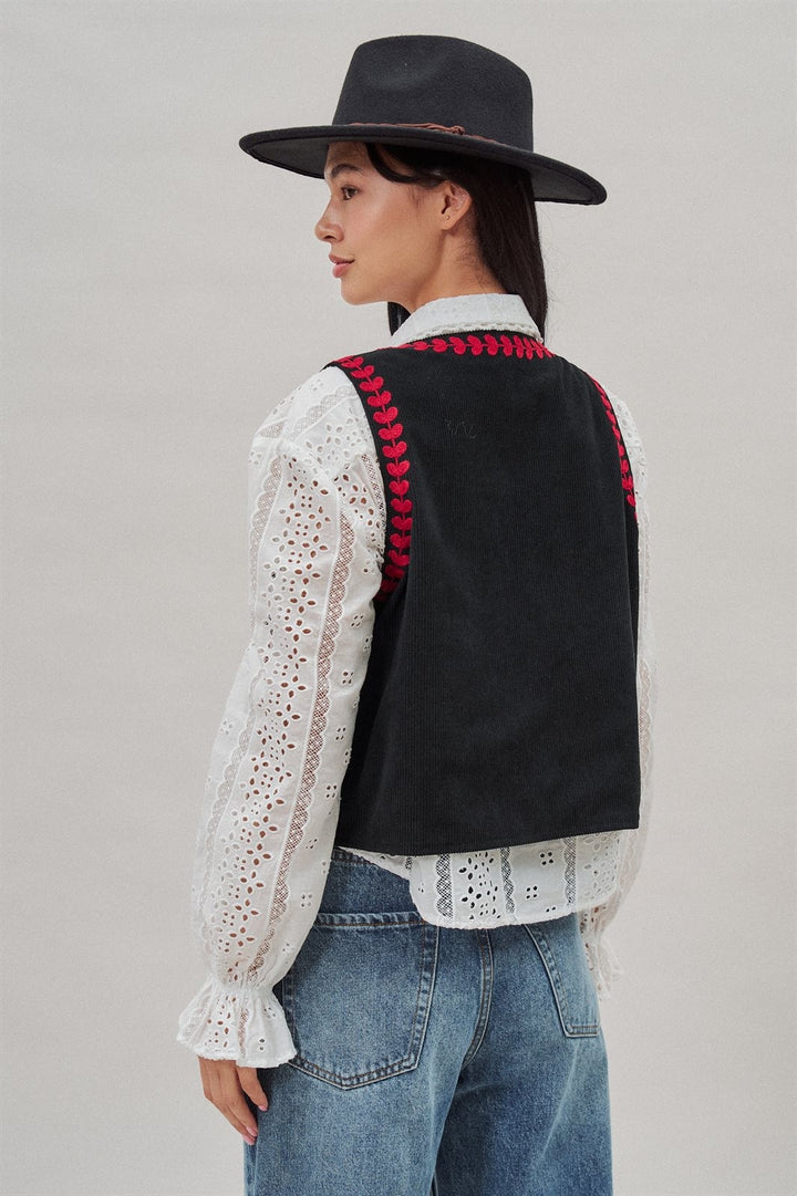 Floral Embroidered Corduroy Vest with Heart Vine Trim in Black - Women's Wholesale Vests | Trend Notes