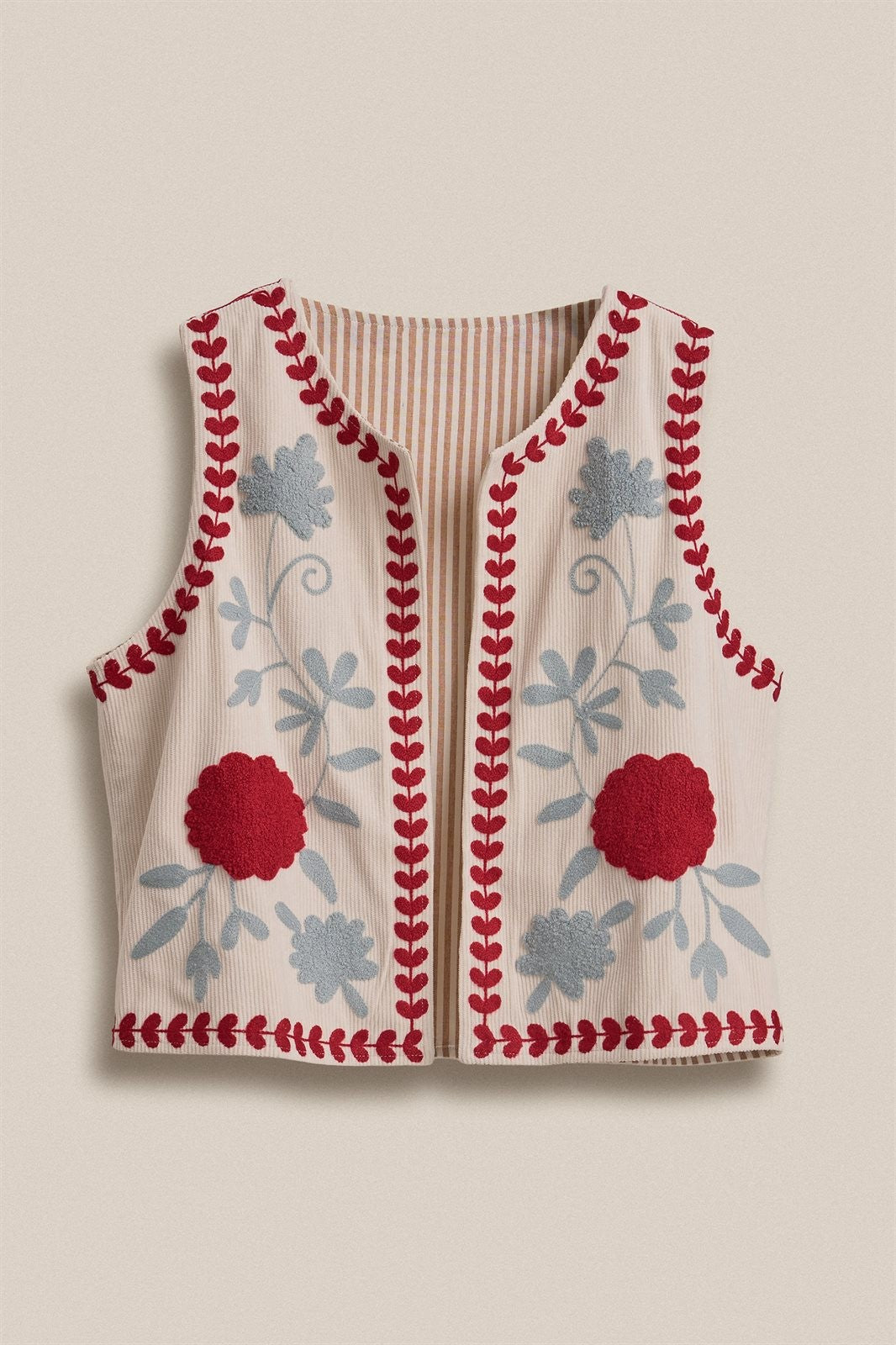 Floral Embroidered Corduroy Vest with Heart Vine Trim in Ivory - Women's Wholesale Vests | Trend Notes