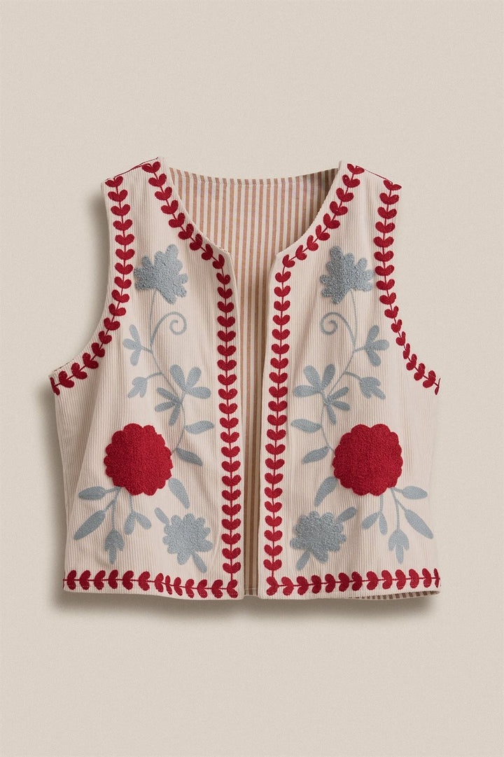 Floral Embroidered Corduroy Vest with Heart Vine Trim in Ivory - Women's Wholesale Vests | Trend Notes