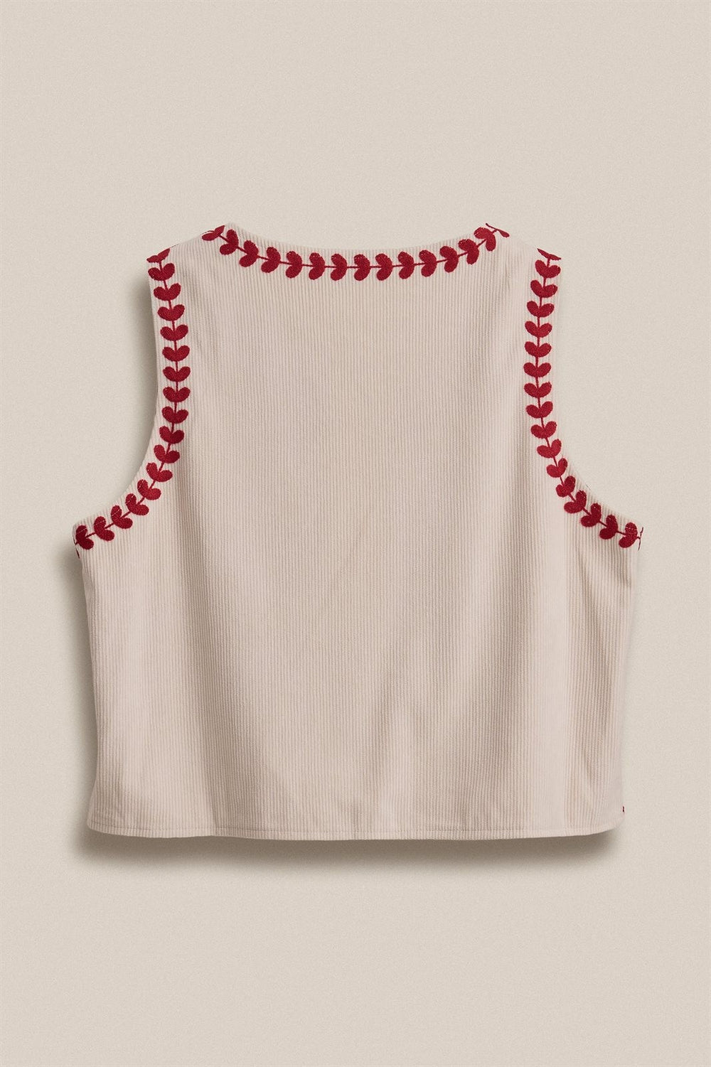Floral Embroidered Corduroy Vest with Heart Vine Trim in Ivory - Women's Wholesale Vests | Trend Notes
