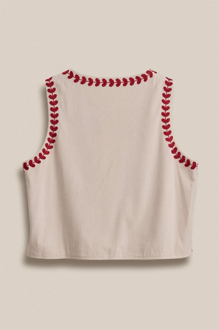Floral Embroidered Corduroy Vest with Heart Vine Trim in Ivory - Women's Wholesale Vests | Trend Notes