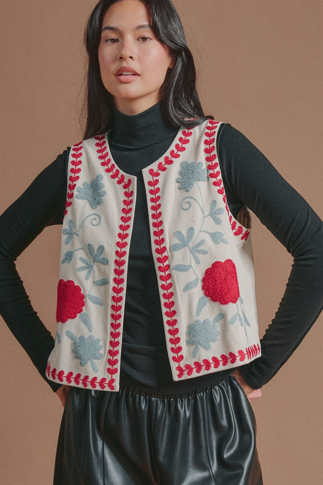 Floral Embroidered Corduroy Vest with Heart Vine Trim in Ivory - Women's Wholesale Vests | Trend Notes