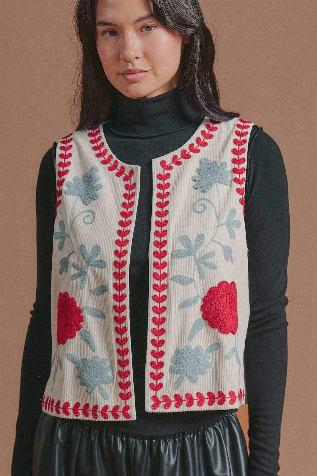 Floral Embroidered Corduroy Vest with Heart Vine Trim in Ivory - Women's Wholesale Vests | Trend Notes