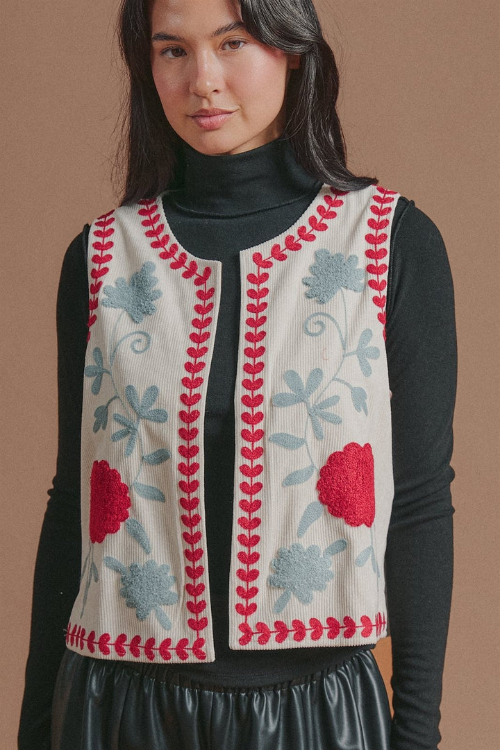 Floral Embroidered Corduroy Vest with Heart Vine Trim in Ivory - Women's Wholesale Vests | Trend Notes