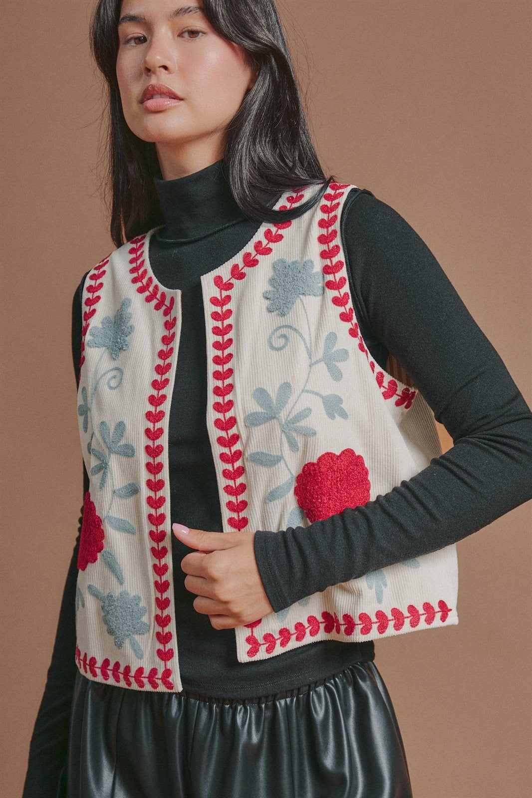 Floral Embroidered Corduroy Vest with Heart Vine Trim in Ivory - Women's Wholesale Vests | Trend Notes