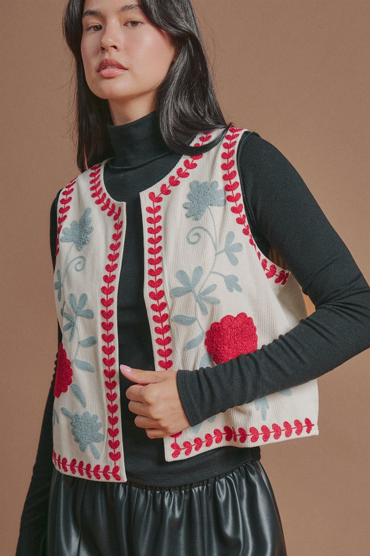 Floral Embroidered Corduroy Vest with Heart Vine Trim in Ivory - Women's Wholesale Vests | Trend Notes