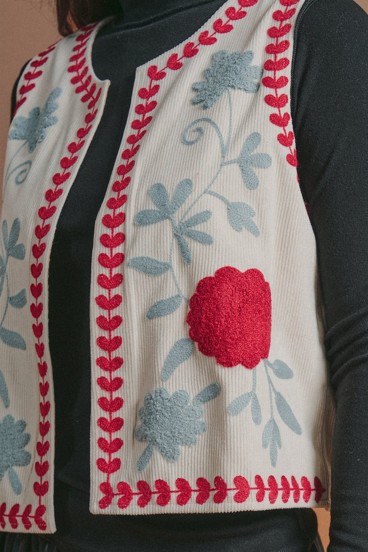 Floral Embroidered Corduroy Vest with Heart Vine Trim in Ivory - Women's Wholesale Vests | Trend Notes