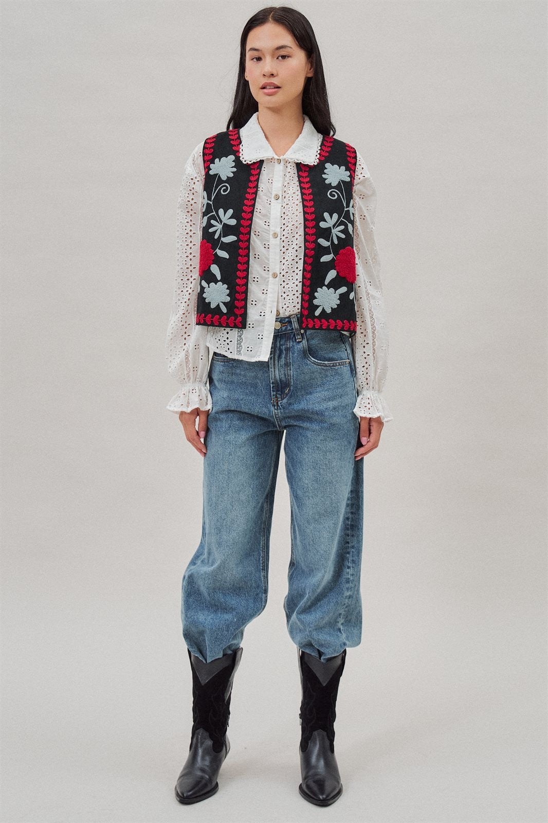Floral Embroidered Corduroy Vest with Heart Vine Trim in Ivory - Women's Wholesale Vests | Trend Notes