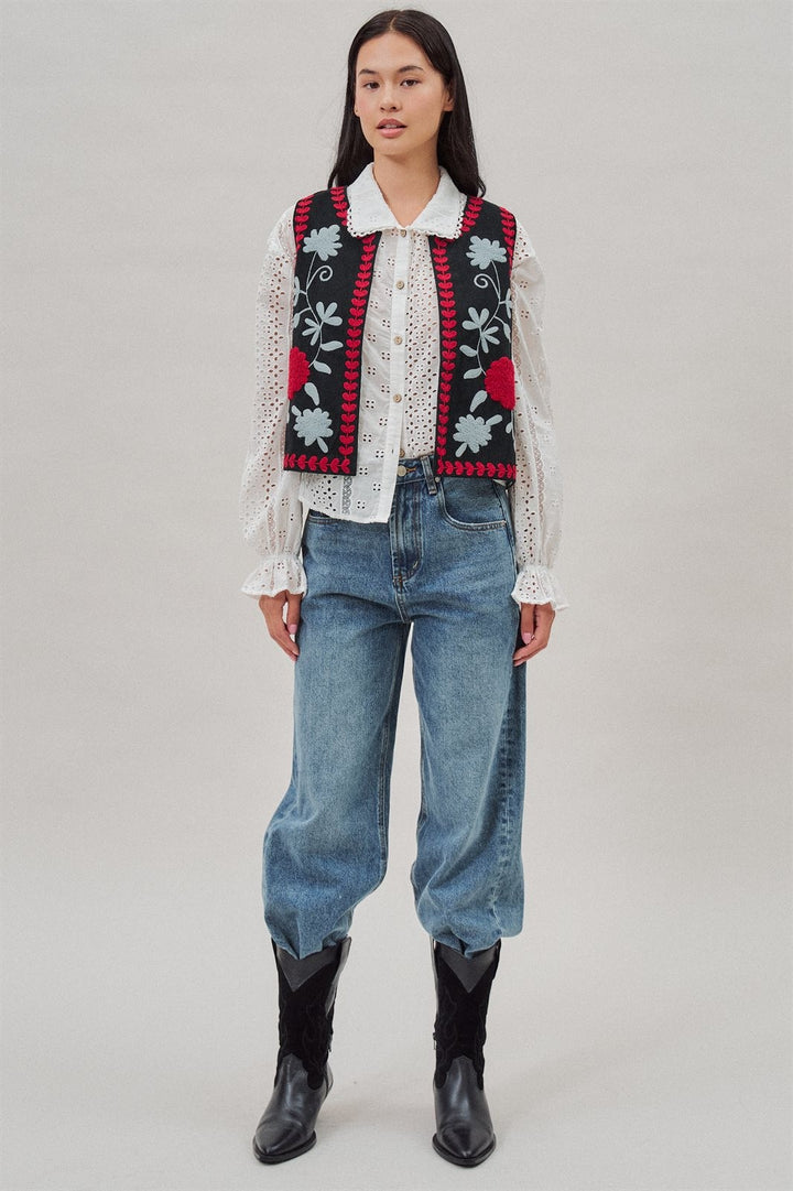 Floral Embroidered Corduroy Vest with Heart Vine Trim in Ivory - Women's Wholesale Vests | Trend Notes