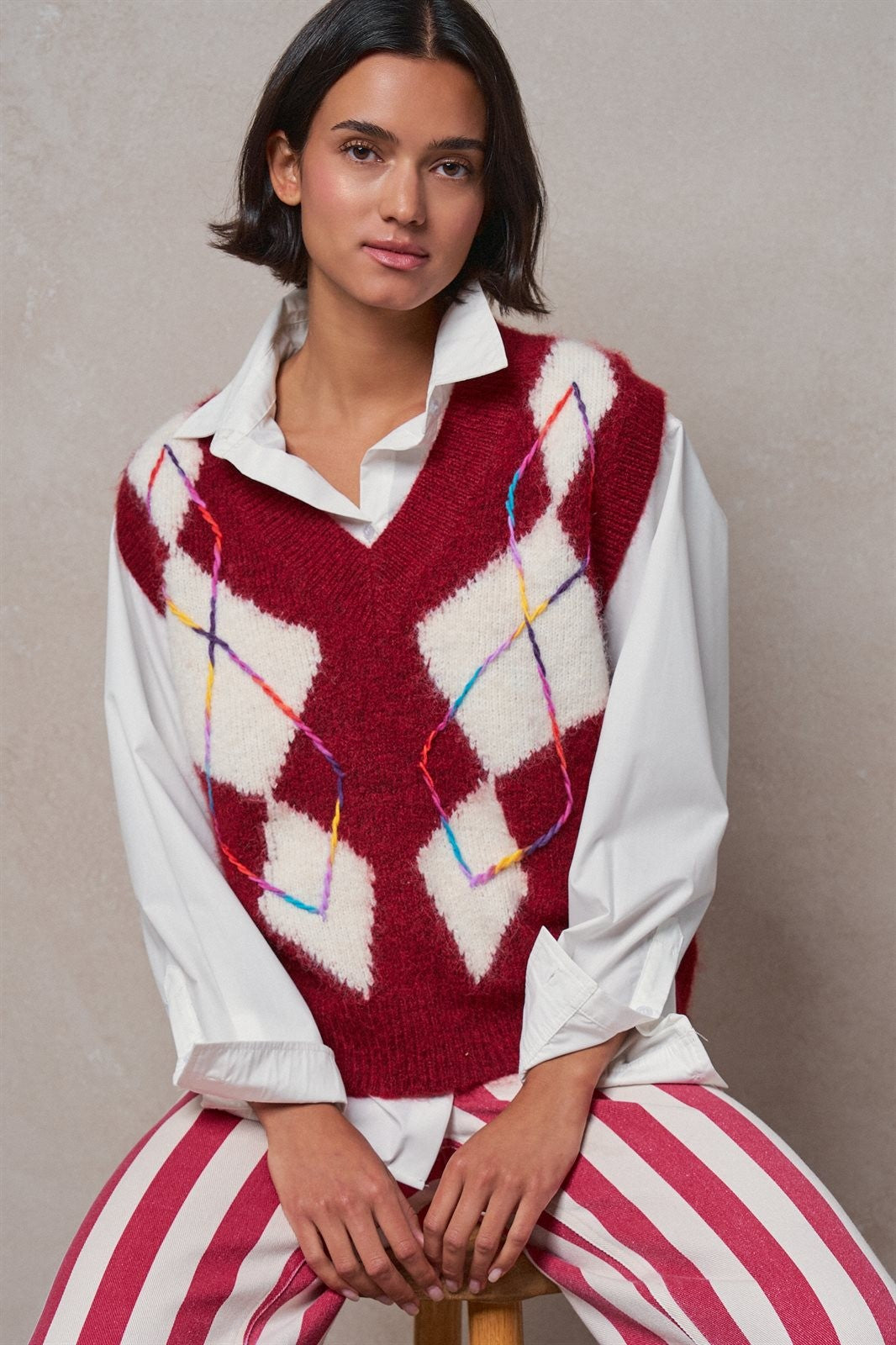 Argyle Knit V-Neck Sweater Vest in Red - Women's Wholesale Sweater Vests | Trend Notes