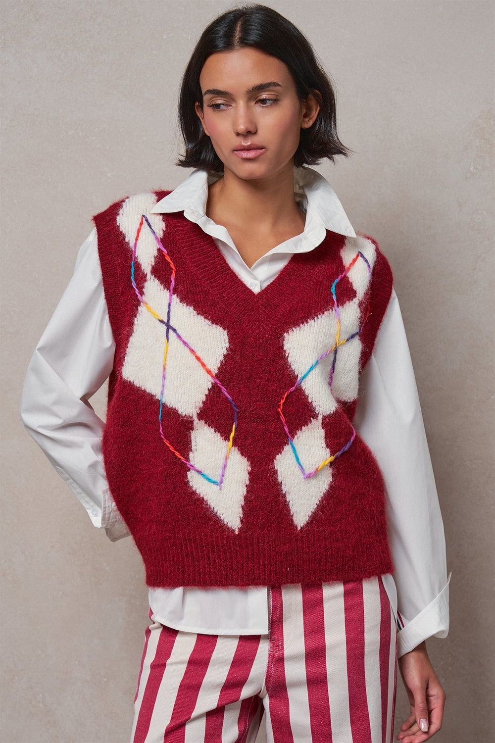 Argyle Knit V-Neck Sweater Vest in Red - Women's Wholesale Sweater Vests | Trend Notes