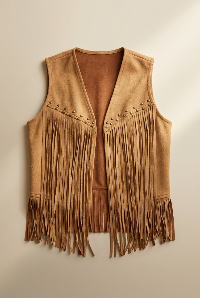 Studded Faux Suede Fringe Vest in Camel - Women's Wholesale Vests | Trend Notes