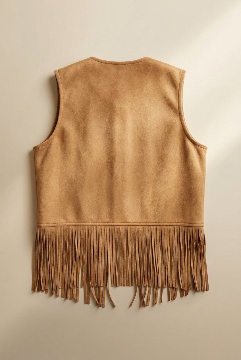 Studded Faux Suede Fringe Vest in Camel - Women's Wholesale Vests | Trend Notes