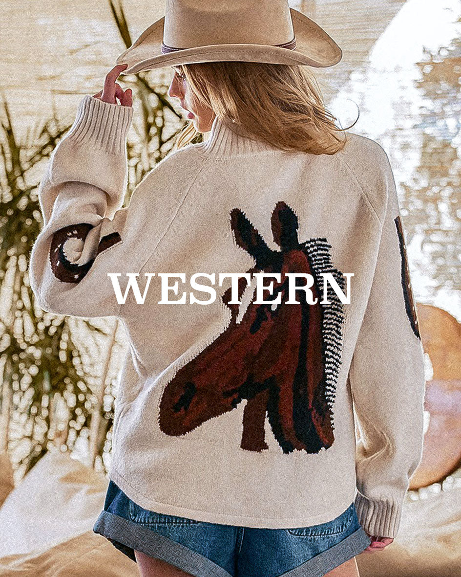 Women’s wholesale western inspired knit sweater styled in a lifestyle setting