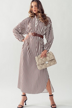 0000-7760<br/>LONG SLEEVES COLLARED QUARTER BUTTON DOWN STRIPE LONG DRESS