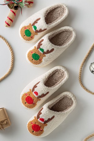 0163-9867<br/>CHRISTMAS EMBROIDERY DEER PLUSH SLIPPERS